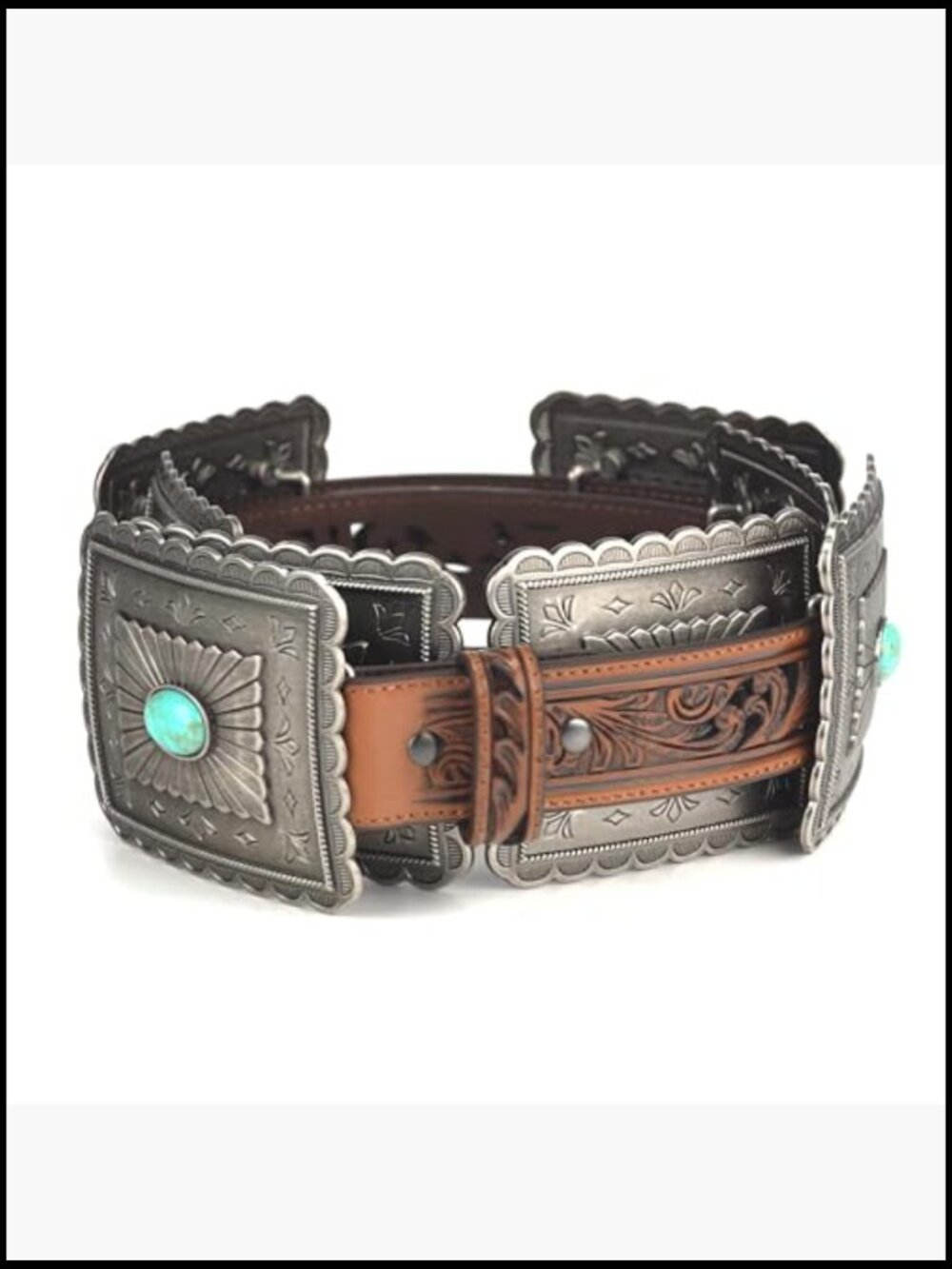 Turquoise Concho Western Belt Tooled Embroidery Wide Girth - Picture 6 of 7